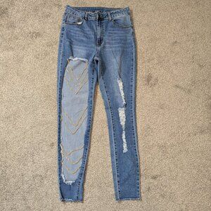 SHEIN Blue Stretch Denim High Rise Skinny Jeans w Chains; Size 31 x 32